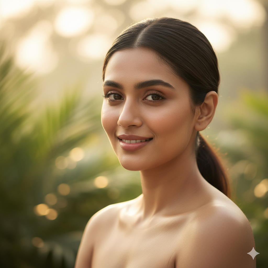 A woman with naturally glowing and clear skin, similar to Alia Bhatt.
